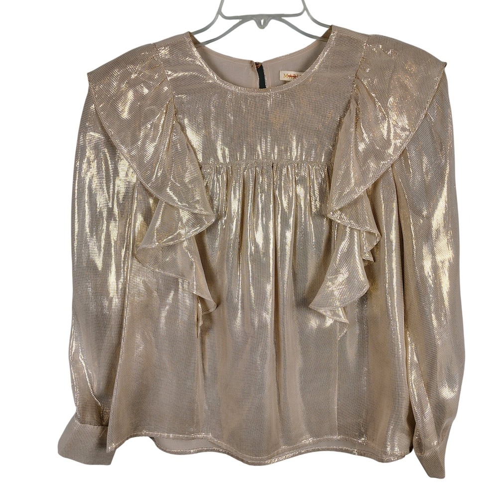 Marie Oliver Womens SZ 1 Gold Silk Metallic Lame Ruffle Blouse Glam Partywear